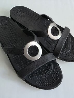 CROCS Women's Black Slide Sandals with Silver Ring Detail
